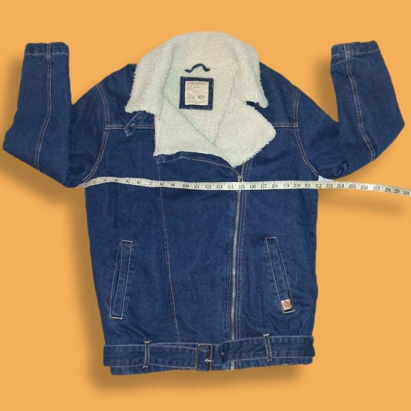 PULL&BEAR Denim Moto Sherpa Jacket Womens Size Large - Picture 8 of 16